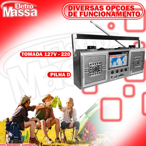 Imagem de Rádio Retro Portátil Recarregável Dois Alto Falante 3 Polegadas Com 11 Bandas 6v AM FM SW TF USB