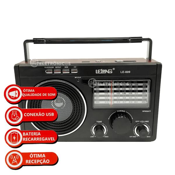 Imagem de Rádio Retro Recarregável AM FM SD USB MP3 Bivolt Bluetooth LE609