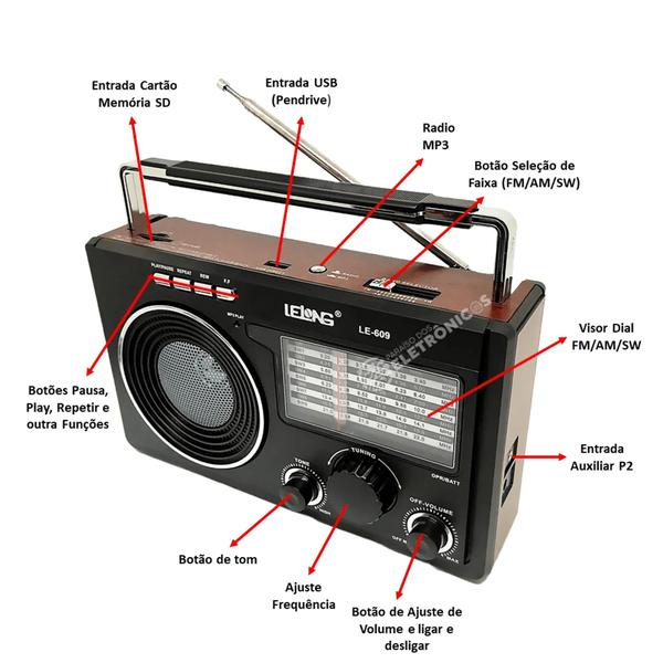 Imagem de Rádio Retro Recarregável AM FM SD USB MP3 Bivolt Bluetooth LE609