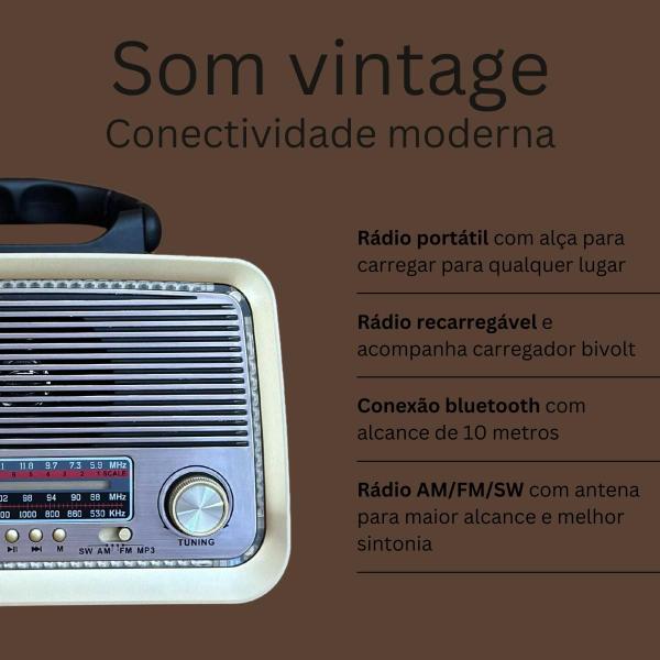 Imagem de Radio Retro Vintage AM FM Bluetooth USB Recarregavel com Lanterna 