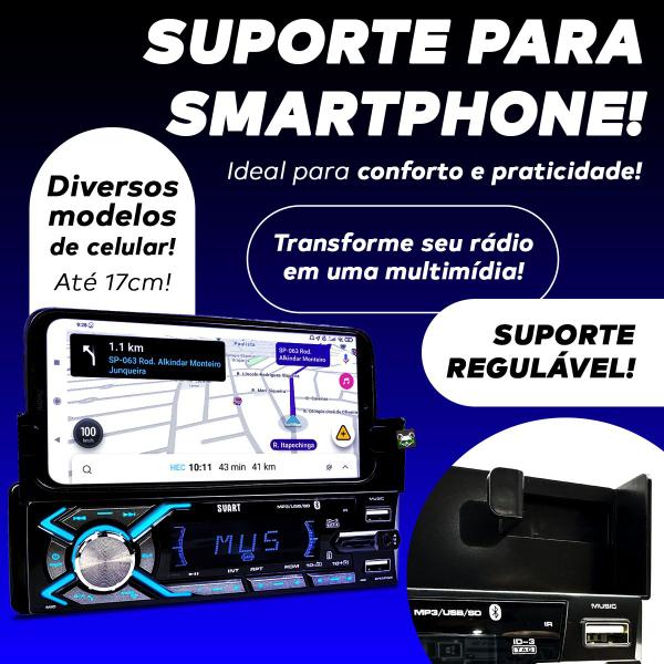 Imagem de Rádio Som Automotivo MP3 C/ Suporte Apoio Celular Bluetooth