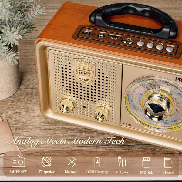 Imagem de Rádio vintage retrô portátil PRUNUS J-110 AM FM de ondas curtas