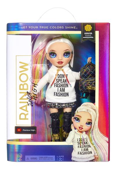 Imagem de Rainbow High Jr High Series 2 Amaya Raine- 9" Rainbow Posable Fashion Doll com acessórios de grife e mochila aberta/próxima. Grande presente de brinquedo para crianças de 6 a 12 anos de idade e colecionadores