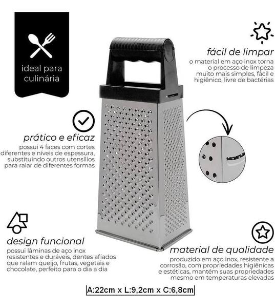 Imagem de Ralador 4 Faces 22cm De Altura Quadrado Preto Aço Inox Mimo Style