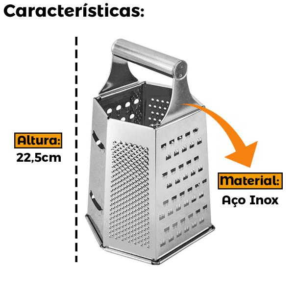 Imagem de Ralador 6 Faces Em Aço Inox Com Alça Auxiliar Para Queijos Nozes Legumes Manual Alho Cocos Fatiador 20cm