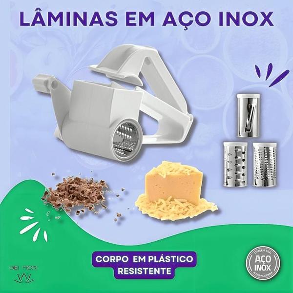 Imagem de Ralador Fatiador Multiuso 3 Em 1 Manual Queijo Graos Nozes Chocolate Laminas Inox Manivela Giratoria