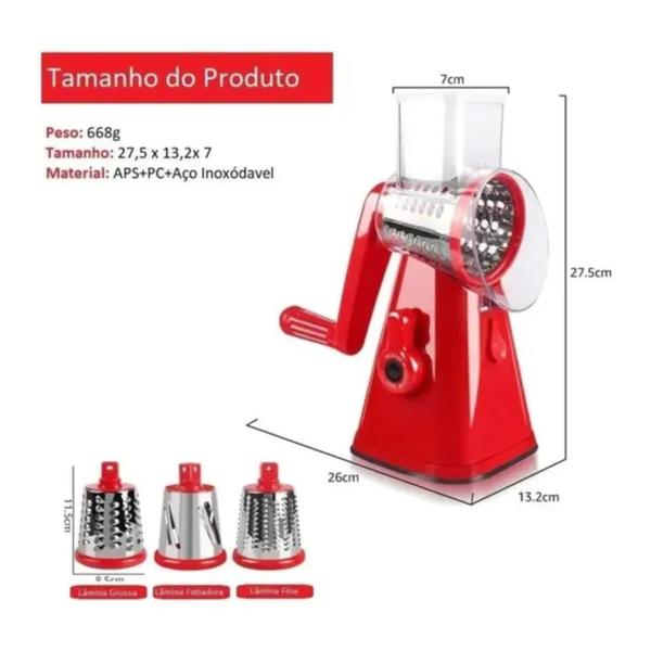 Imagem de Ralador Vermelho 3 Lâminas Manivela Fatiador Queijo Legumes - 123 Utilidades