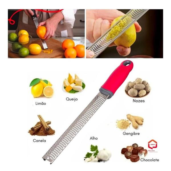 Ralador Zester Culinário Raspas Limão Laranja Profissional Inox Extra Fino - RALADOR ZESTER VERMELHO Imagem de Ralador Zester Culinário Raspas Limão Laranja Profissional Inox Extra Fino