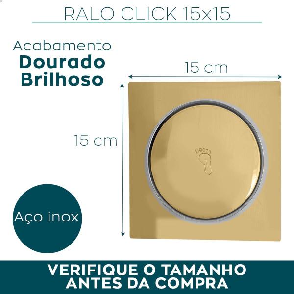 Imagem de Ralo Click Dourado 15x15 Aço Inox Ralo Inteligente Quadrado para Banheiro Lavabo 15cm Escoamento Box Lavanderia Antiodor Tampa Dourada Gold Brilhoso