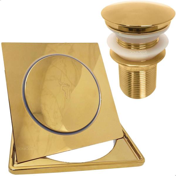 Imagem de Ralo Click E Porta Grelha Dourado 15x15 Valvula Click 1 1/4 Aço Inox Kit Completo Banheiro Gold Caixilho 10cm Quadrado Ralo Escoamento Pia 40mm