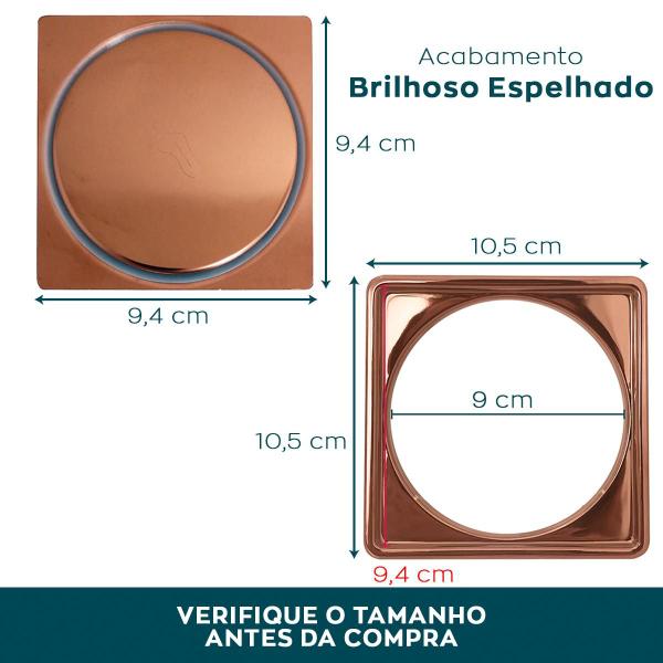 Imagem de Ralo Click E Porta Grelha Rose Gold Inox 10x10 Kit Banheiro Caixilho Quadrado Suporte Ralo Inteligente Antiodor 10cm Tampa Caixa Sifonada Brilhoso