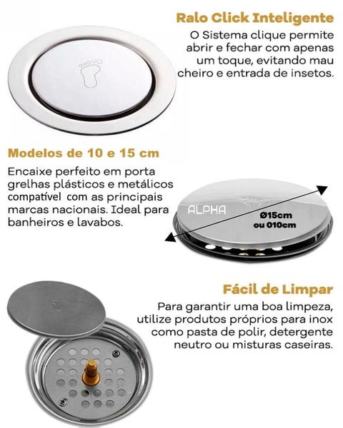 Imagem de Ralo Click Inteligente P/ Banheiro Redondo 10 Cm Inox Cromo