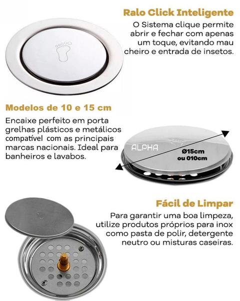 Imagem de Ralo Click Inteligente Para Banheiro Redondo 10 Cm Inox