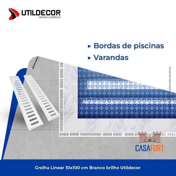 Imagem de Ralo Grelha 10x100cm Em Ferro Fundido Com Caixilho Branco Brilho