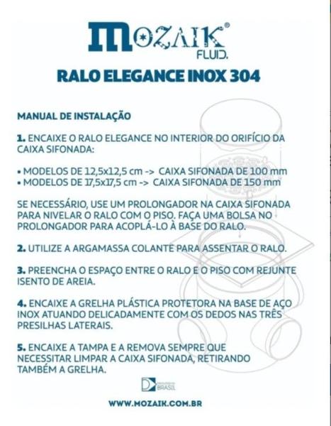 Ralo Inox Elegance Escovado 12,5cm x 12,5cm p/ Cx De 100mm - MOZAIK Imagem de Ralo Inox Elegance Escovado 12,5cm x 12,5cm p/ Cx De 100mm