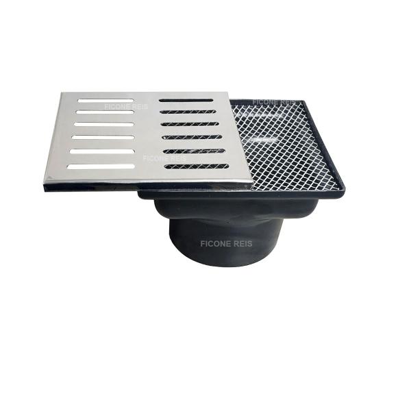Ralo Inox modelo 15x15 Quintal com Coletor Saída Baixa 100mm e Tela Anti Insetos - Ficone Decor - Ficone Reis Imagem de Ralo Inox modelo 15x15 Quintal com Coletor Saída Baixa 100mm e Tela Anti Insetos - Ficone Decor