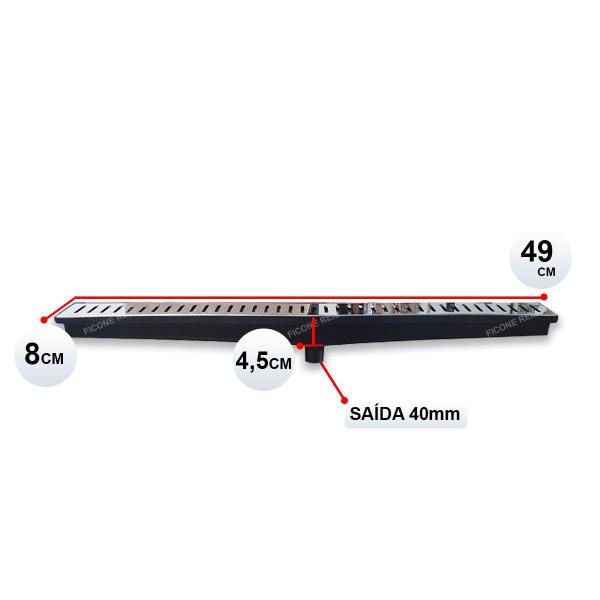 Imagem de Ralo Inox Polido modelo 10x50 com Coletor Saída 40mm e Tela  Anti Insetos - (8cm x 49cm) Ficone Decor