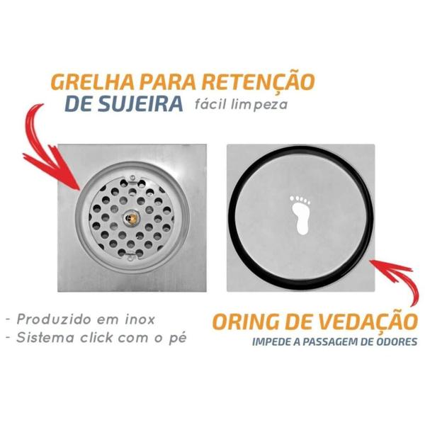 Imagem de Ralo Inteligente Banheiro Click Inox Quadrado Lavabo 10X10Cm