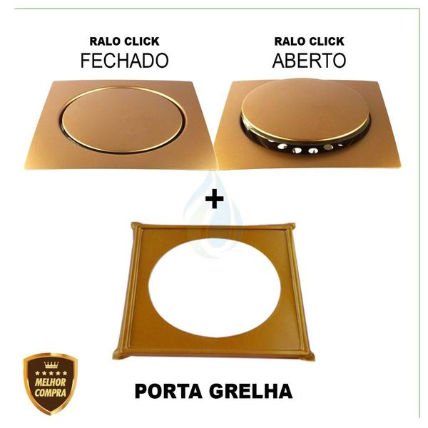 Imagem de Ralo Inteligente Click 15x15 cm para Banheiro Inox Dourado Quadrado + Porta Grelha Caixilho Cód. 8874