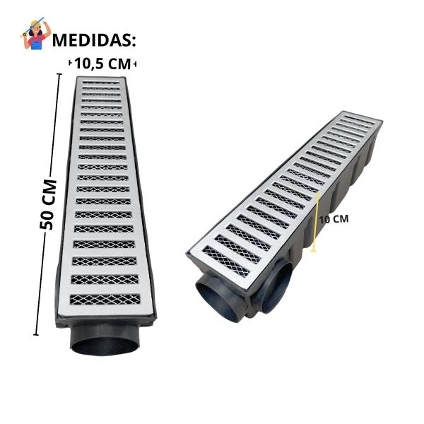 Imagem de Ralo Linear 10x50 Alumínio Fundido com Tela e Coletor Plástico Modular Saídas de 75mm