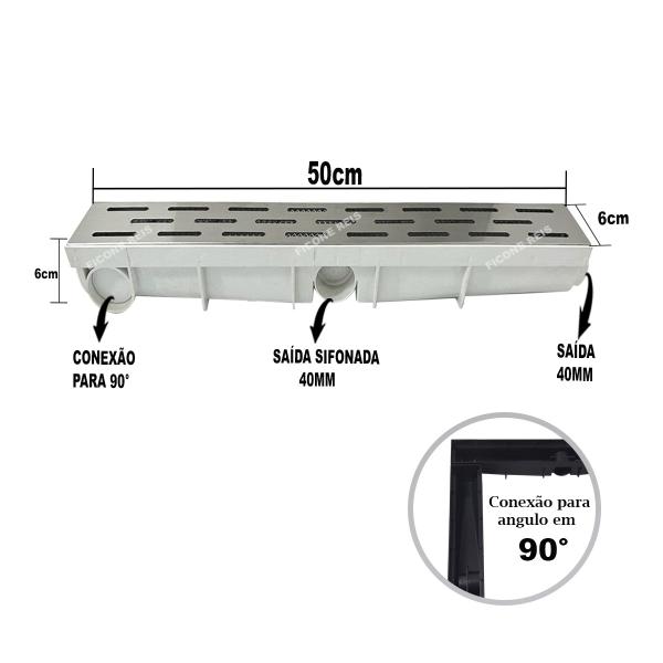 Imagem de Ralo Linear 6x50 Inox modelo Tracejado com Tela Coletor Branco Sequencial Saídas de 40mm