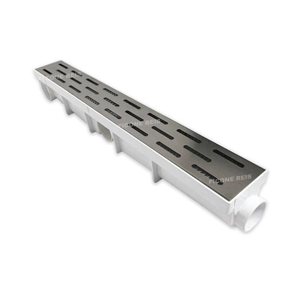 Imagem de Ralo Linear 6x50 Inox modelo Tracejado com Tela Coletor Branco Sequencial Saídas de 40mm