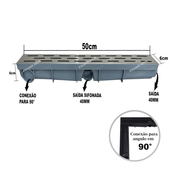 Imagem de Ralo Linear 6x50 Inox modelo Tracejado com Tela Coletor Cinza Sequencial Saídas de  40mm