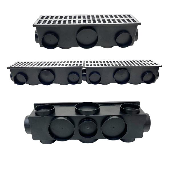 Ralo Linear Alumínio Fundido 15x50 Cocho Multi Saídas e Tela - Ficone & Reis Imagem de Ralo Linear Alumínio Fundido 15x50 Cocho Multi Saídas e Tela