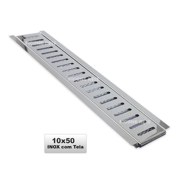 Ralo Linear Inox 10cm x 50cm com aro e Tela Anti Insetos - Ficone Decor Imagem de Ralo Linear Inox 10cm x 50cm com aro e Tela Anti Insetos - Ficone Decor