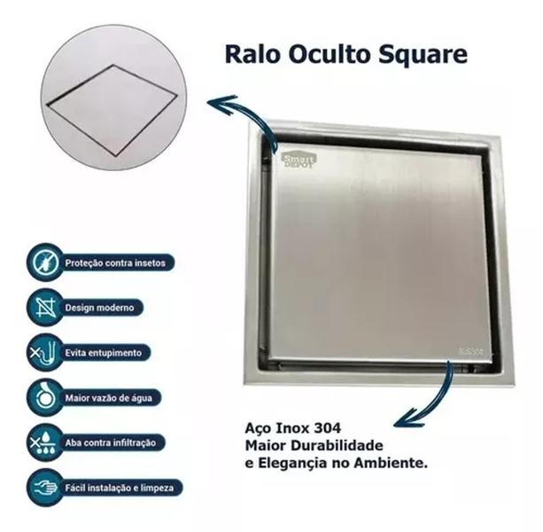 Imagem de Ralo Linear Todo Inox Slim Premium Embutido Dupla Tampa Invisivel 15x15cm Banheiro