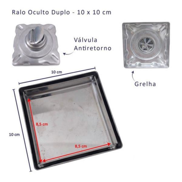 Imagem de Ralo oculto 10x10 inox invisível banheiro antiodor flvxhidro