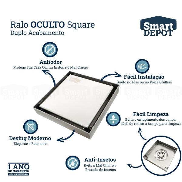 Imagem de Ralo Oculto 10X10Cm Inox Escovado Slim Smart Depot Sem Borda