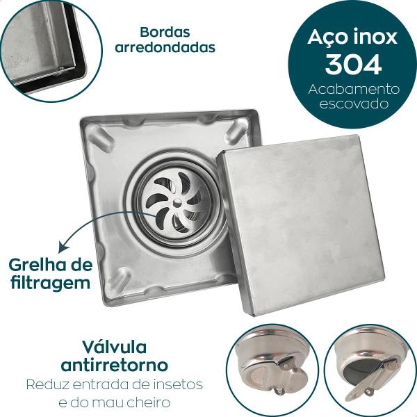Ralo Oculto Inox 10x10 Tampa Invisível Quadrado Square 10cm Ralo Para Banheiro Tampa 2 em 1 Aplicar Piso Porcelanato Antiodor Aço Inox 304 Escovado - Dona D.cor Imagem de Ralo Oculto Inox 10x10 Tampa Invisível Quadrado Square 10cm Ralo Para Banheiro Tampa 2 em 1 Aplicar Piso Porcelanato Antiodor Aço Inox 304 Escovado