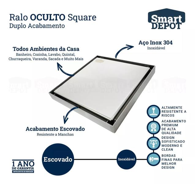 Imagem de Ralo Oculto Invisível 10x10 Quadrado 2 Em 1 Inox Escovado Smart Depot Ralo Inteligente Banheiro