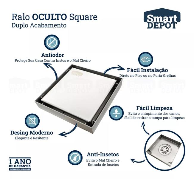 Imagem de Ralo Oculto Invisível 15x15 Quadrado 2 Em 1 Inox Escovado Smart Depot Ralo Inteligente Banheiro