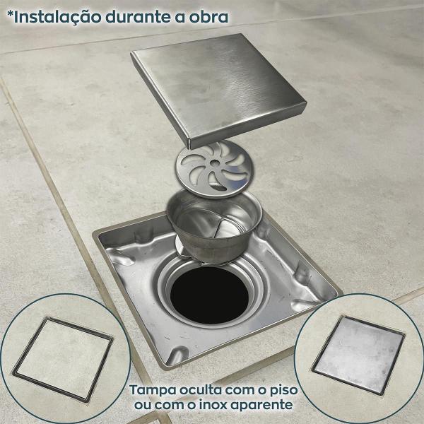 Imagem de Ralo Oculto Para Banheiro 15x15 Antiodor Escovado Tampa Invisível Quadrado Square 15cm Ralo Inox Tampa 2 em 1 Aplicar Piso Porcelanato Aço Inox 304