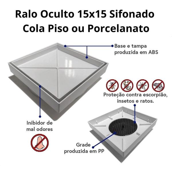 Ralo para Banheiro 15x15 Oculto invisível Embutido Cola Piso / Porcelanato Anti inseto e Anti Odor - Ralos LMF Imagem de Ralo para Banheiro 15x15 Oculto invisível Embutido Cola Piso / Porcelanato Anti inseto e Anti Odor