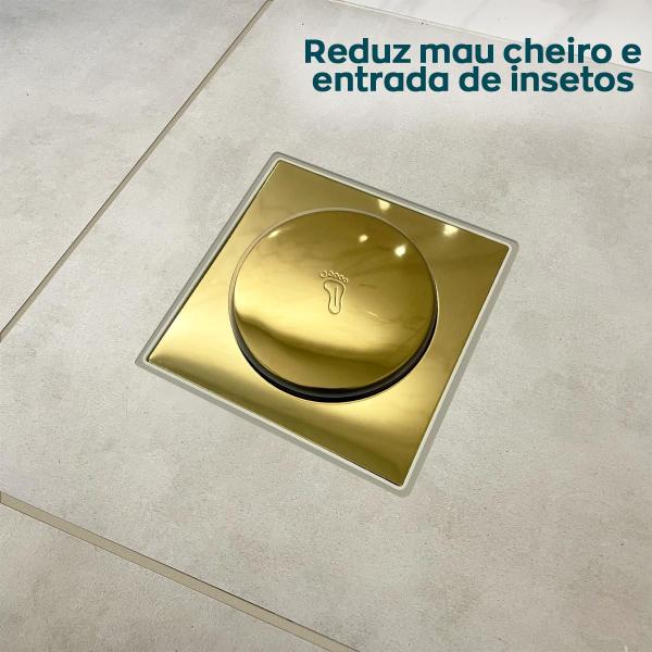 Imagem de Ralo Quadrado Click Gold Brilhoso 15x15 Aço Inox Ralo Inteligente Antiodor Dourado para Banheiro Lavabo 15cm Escoamento Box Lavanderia Tampa Dourada 