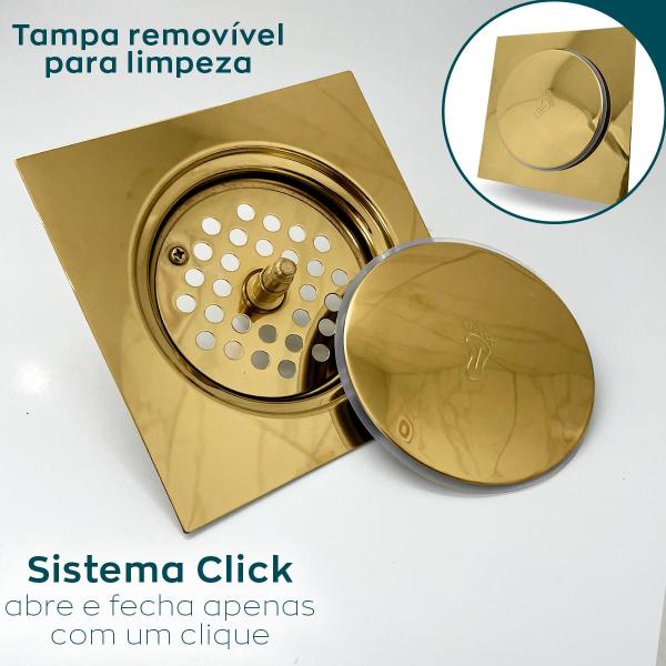 Imagem de Ralo Quadrado Click Gold Brilhoso 15x15 Aço Inox Ralo Inteligente Antiodor Dourado para Banheiro Lavabo 15cm Escoamento Box Lavanderia Tampa Dourada 