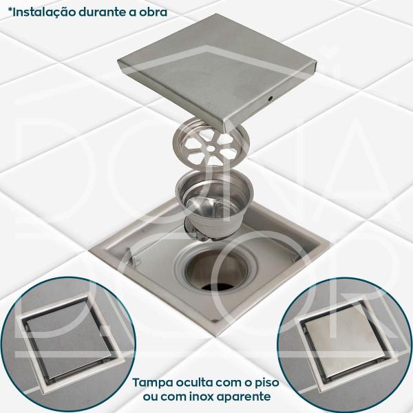 Imagem de Ralo Quadrado Oculto Inox 11x11 Tampa Invisível Não É Pvc Antiodor Para Caixa 100mm Square Aplicar Piso Porcelanato Aço Inox 304