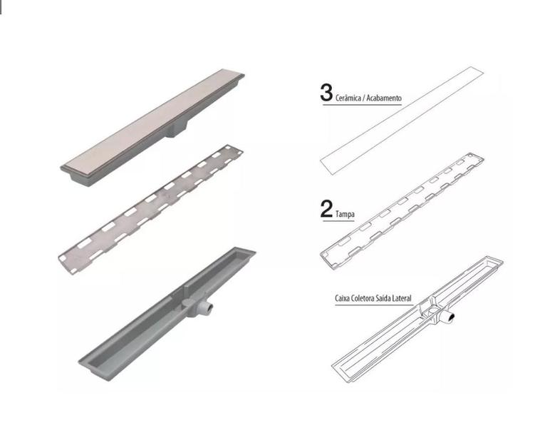 Imagem de Ralos Linear Invisível Alumínio 07x70 Alta Resistência saída lateral Kit 4 