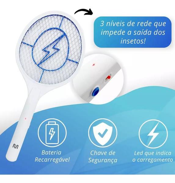 Imagem de Raquete Elétrica Mata Insetos Mosquitos Recarregável Multi