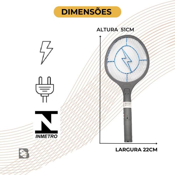 Imagem de Raquete Elétrica Mata Insetos Recarregável Combate Mosca Mosquito Pernilongos Dengue Bivolt Com LED