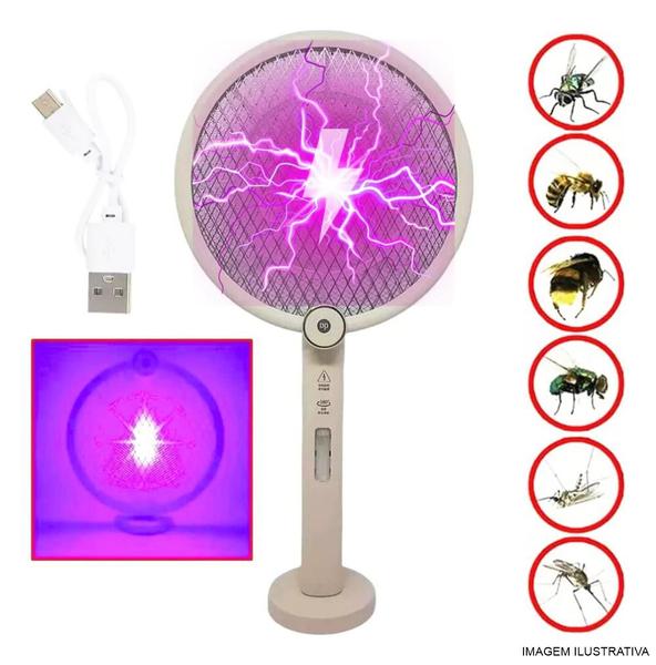 Imagem de Raquete Elétrica Mata Mosquito Moscas Insetos Pernilongos Armadilha Contra Dengue Luz Uv Recarregável Usb Luminária Abajour Dobrável