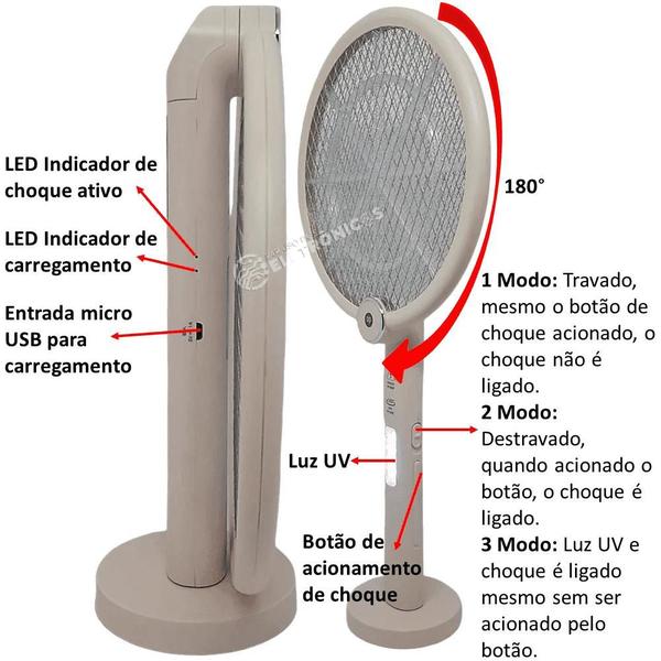 Imagem de Raquete Elétrica Portátil Luz LED UV Mata Mosquito Pernilongos Recarregável USB Bivolt DP839