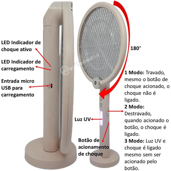 Imagem de Raquete Luminária Elétrica Dobrável Luz Uv Proteção Inseto Silenciosa Repelente Portátil - DP839