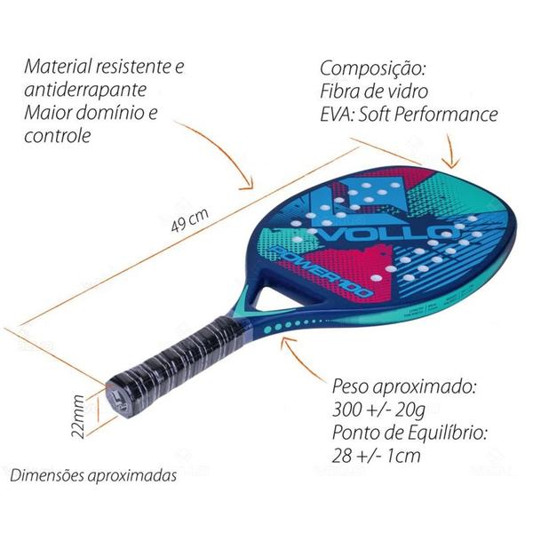 Imagem de Raquete Vollo Beach Tennis Power 100 Azul Iniciante Fibra de Vidro