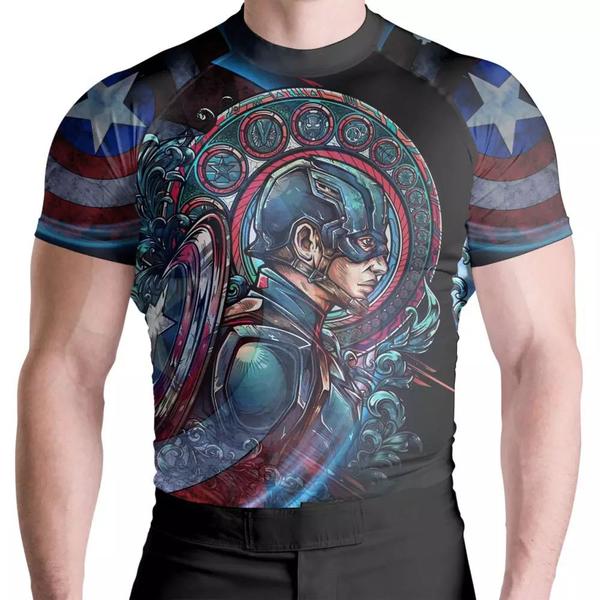Rash Guard Capitão America Escudo Manga Curta - Atlética Esportes Imagem de Rash Guard Capitão America Escudo Manga Curta