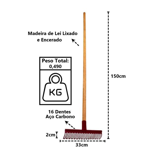 Imagem de Rastelo 16 Dentes Aço Carbono Cabo Madeira Pra Limpeza 150cm