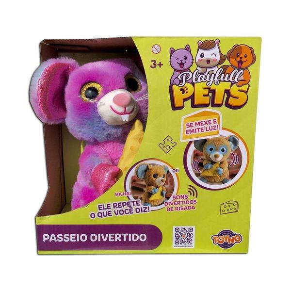 Imagem de Ratinho De Pelucia Rosa Azul e Roxo 46474 - Passeio Divertido Playfull Pets -  Com Som e Luz Toyng